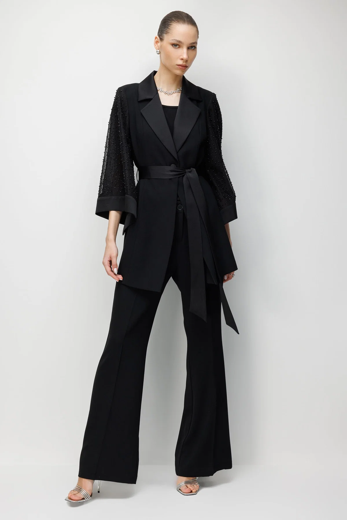 Moda İlgi Kadın Kolu İncili File Kumaştan Uzun Ceket 5013 Siyah - 3