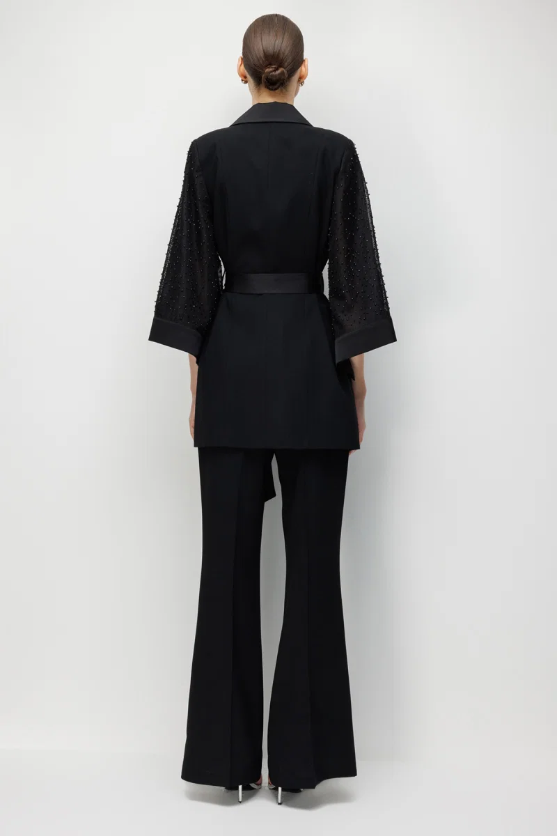 Moda İlgi Kadın Kolu İncili File Kumaştan Uzun Ceket 5013 Siyah - 4