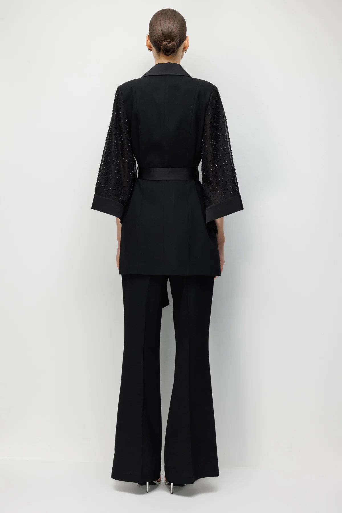 Moda İlgi Kadın Kolu İncili File Kumaştan Uzun Ceket 5013 Siyah - 4