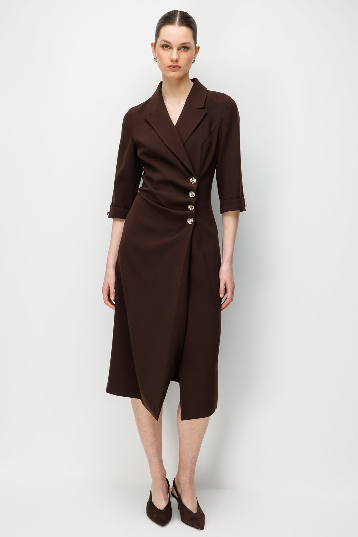 Moda İlgi Kadın Kruvaze Kapama Düğme Detaylı Midi Boy Elbise 0027 Kahverengi - 1