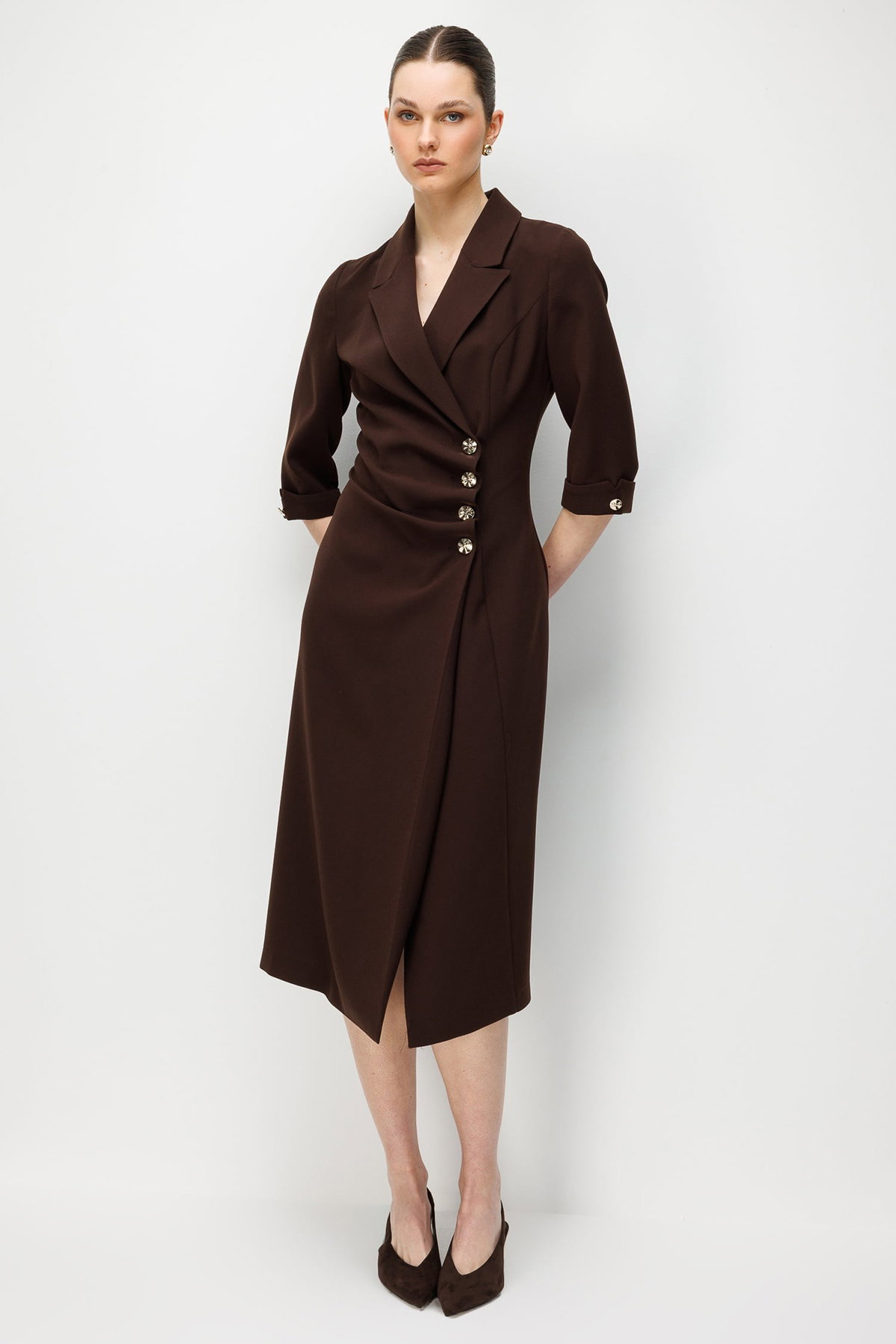 Moda İlgi Kadın Kruvaze Kapama Düğme Detaylı Midi Boy Elbise 0027 Kahverengi - 2