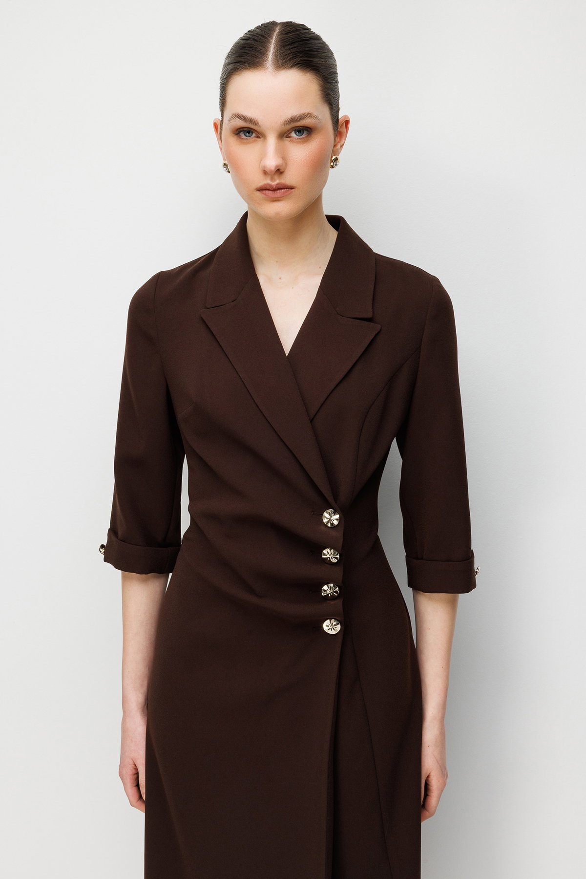 Moda İlgi Kadın Kruvaze Kapama Düğme Detaylı Midi Boy Elbise 0027 Kahverengi - 3