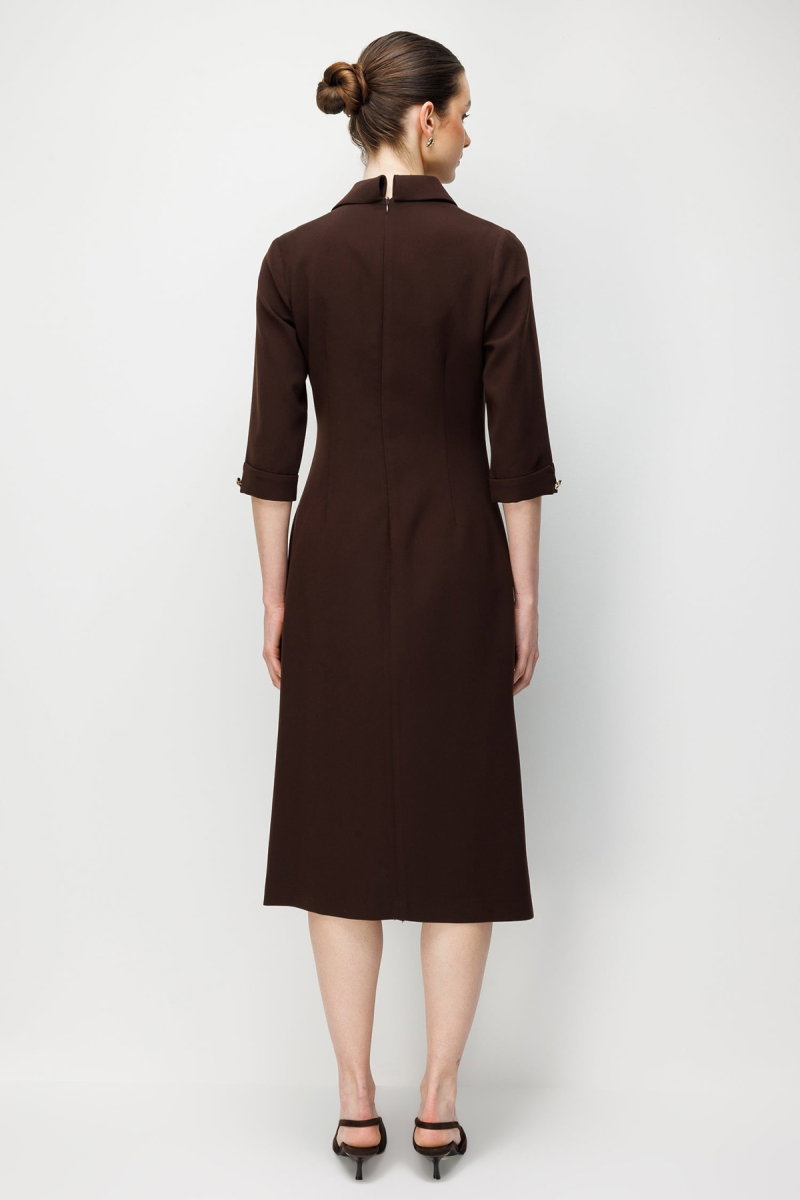 Moda İlgi Kadın Kruvaze Kapama Düğme Detaylı Midi Boy Elbise 0027 Kahverengi - 4