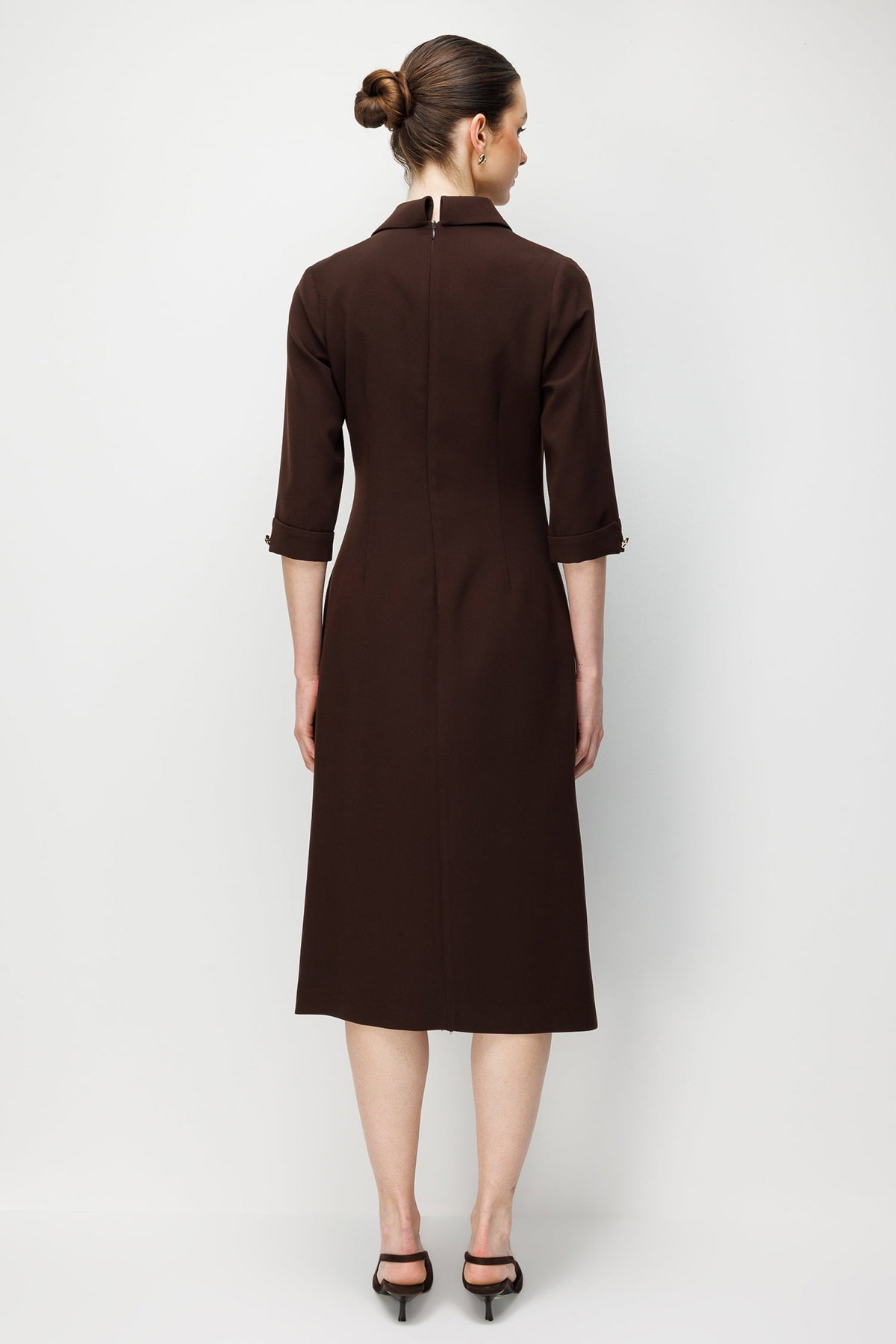 Moda İlgi Kadın Kruvaze Kapama Düğme Detaylı Midi Boy Elbise 0027 Kahverengi - 4
