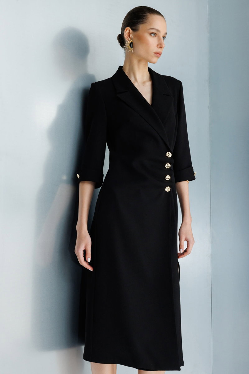 Moda İlgi Kadın Kruvaze Kapama Düğme Detaylı Midi Boy Elbise 0027 Siyah - Moda İlgi