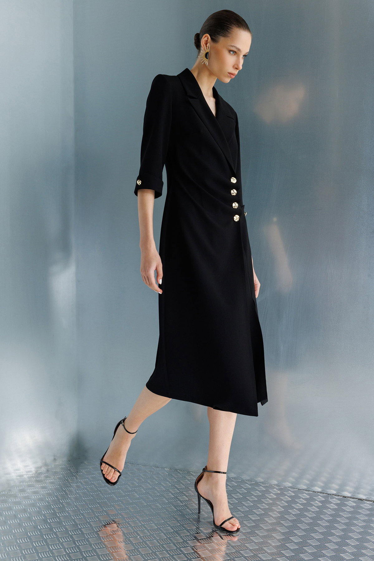Moda İlgi Kadın Kruvaze Kapama Düğme Detaylı Midi Boy Elbise 0027 Siyah - 2