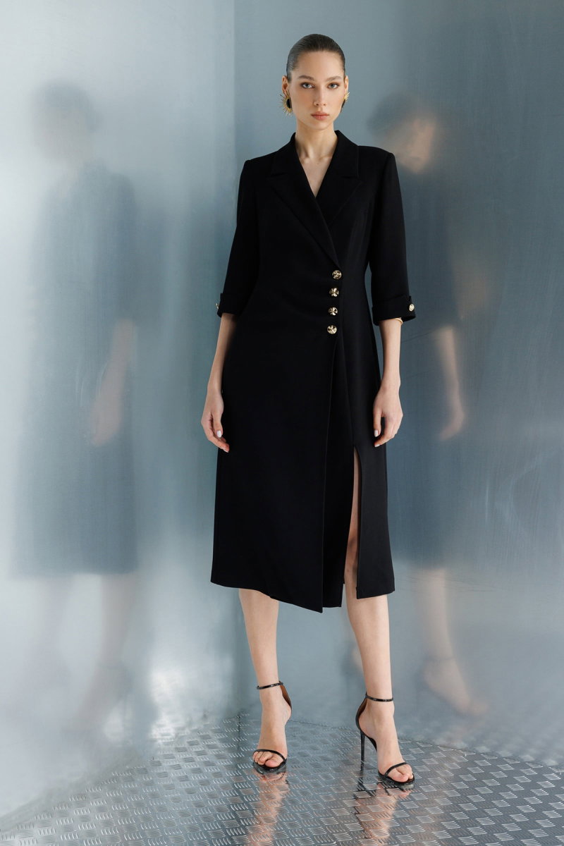 Moda İlgi Kadın Kruvaze Kapama Düğme Detaylı Midi Boy Elbise 0027 Siyah - 3