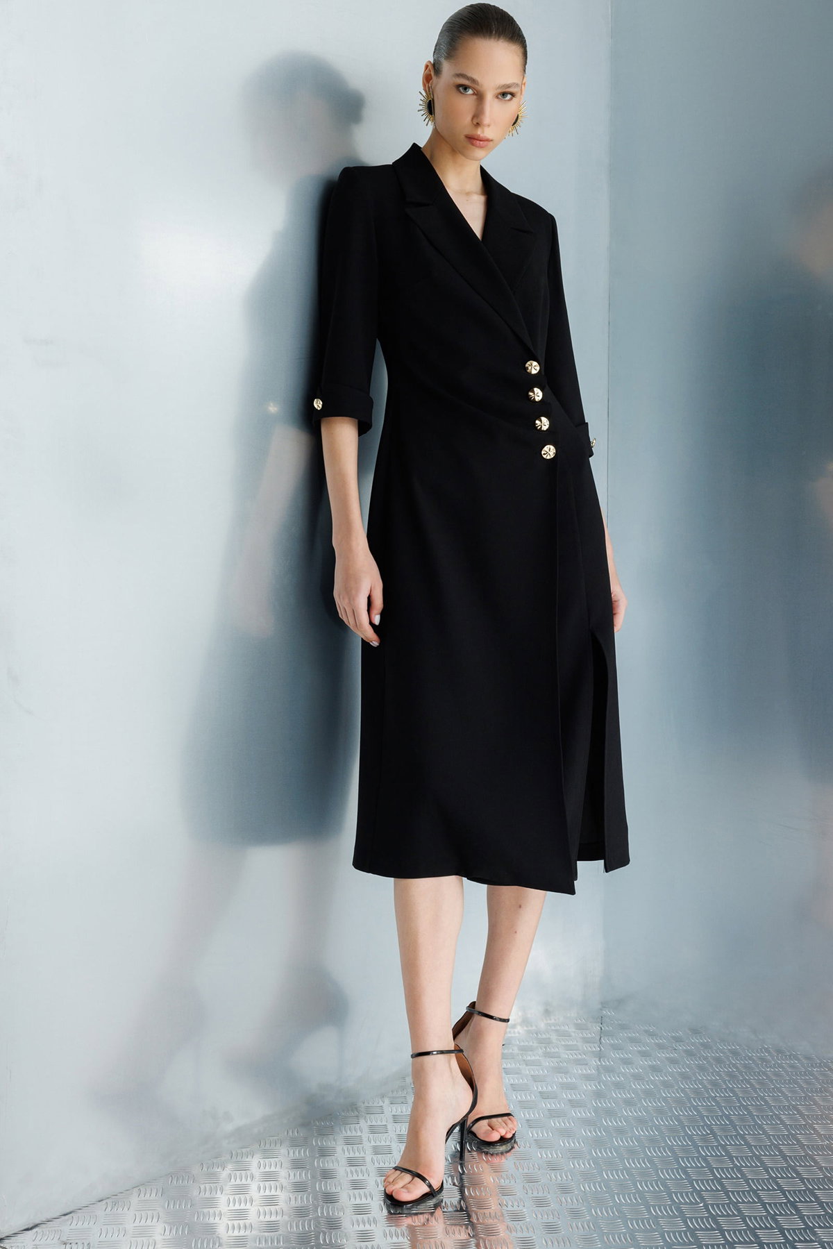 Moda İlgi Kadın Kruvaze Kapama Düğme Detaylı Midi Boy Elbise 0027 Siyah - 4