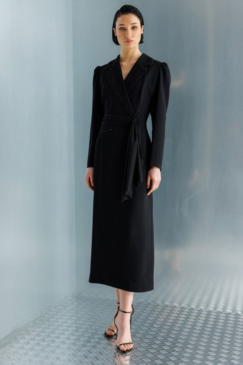 Moda İlgi Kadın Kruvaze Yaka Boncuk Detaylı Uzun Elbise 0098 Siyah - Moda İlgi