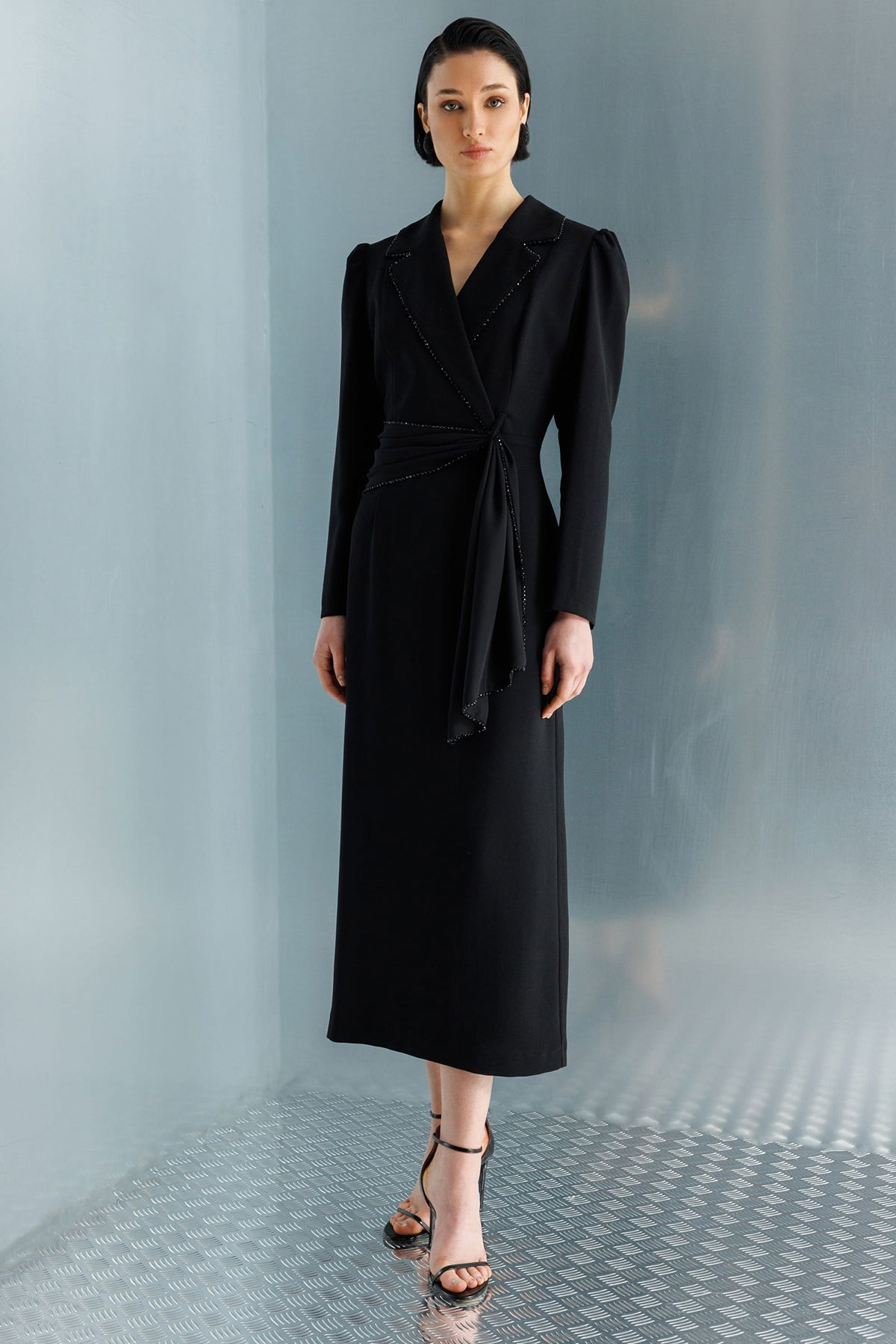 Moda İlgi Kadın Kruvaze Yaka Boncuk Detaylı Uzun Elbise 0098 Siyah - 1