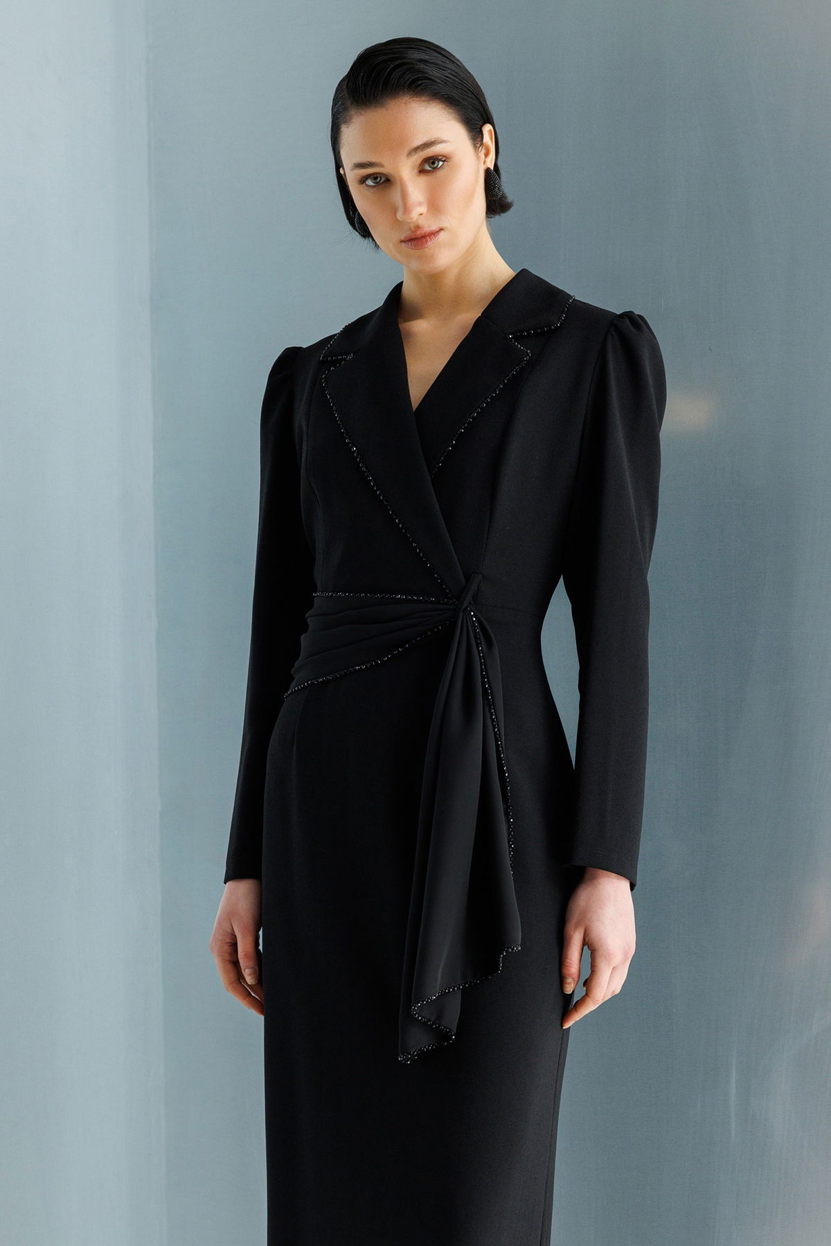 Moda İlgi Kadın Kruvaze Yaka Boncuk Detaylı Uzun Elbise 0098 Siyah - 2