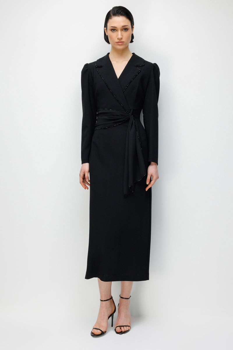 Moda İlgi Kadın Kruvaze Yaka Boncuk Detaylı Uzun Elbise 0098 Siyah - 3