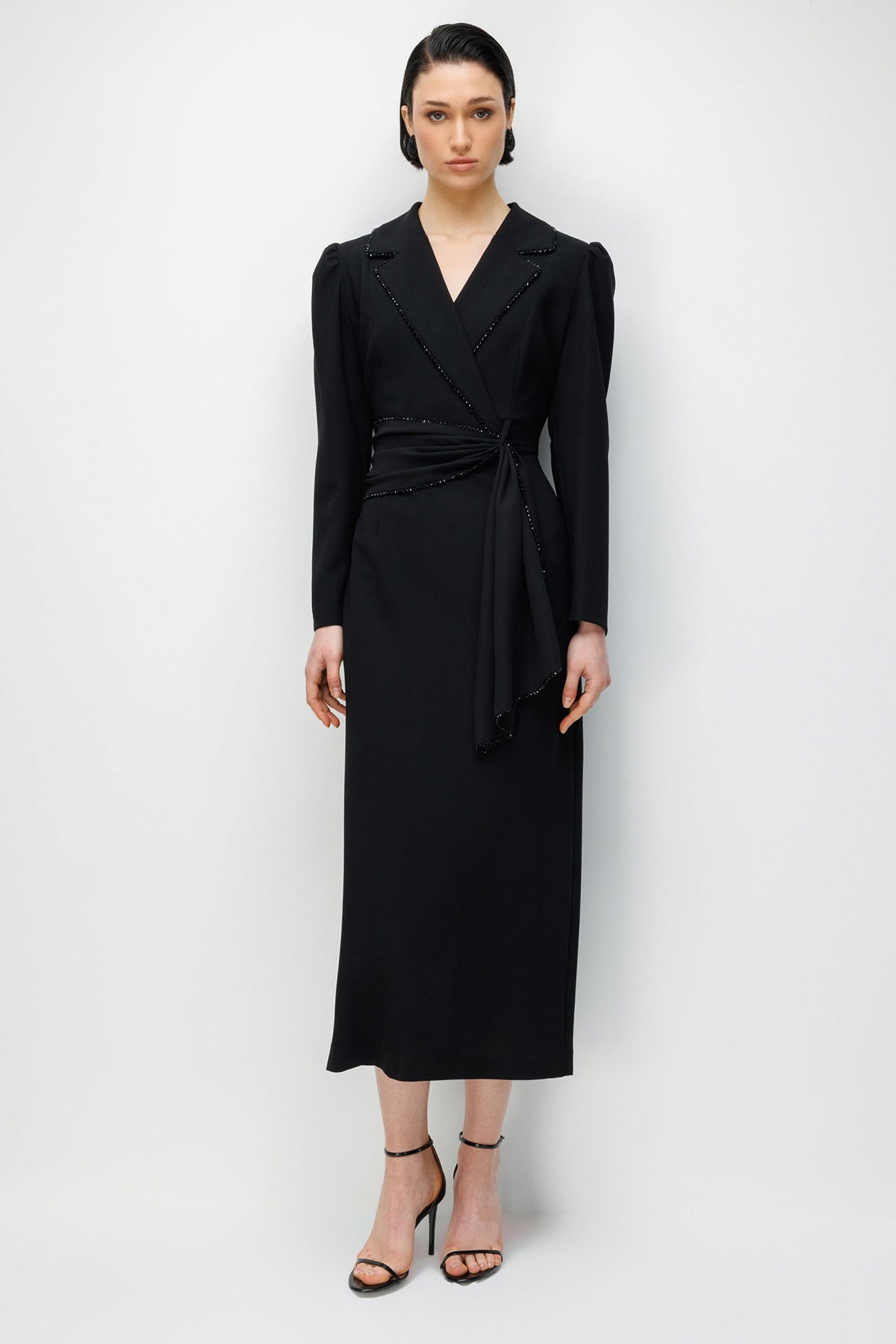 Moda İlgi Kadın Kruvaze Yaka Boncuk Detaylı Uzun Elbise 0098 Siyah - 3