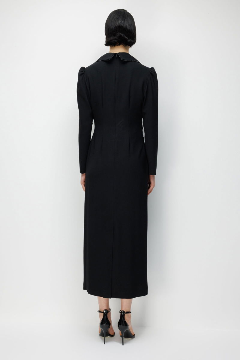 Moda İlgi Kadın Kruvaze Yaka Boncuk Detaylı Uzun Elbise 0098 Siyah - 4