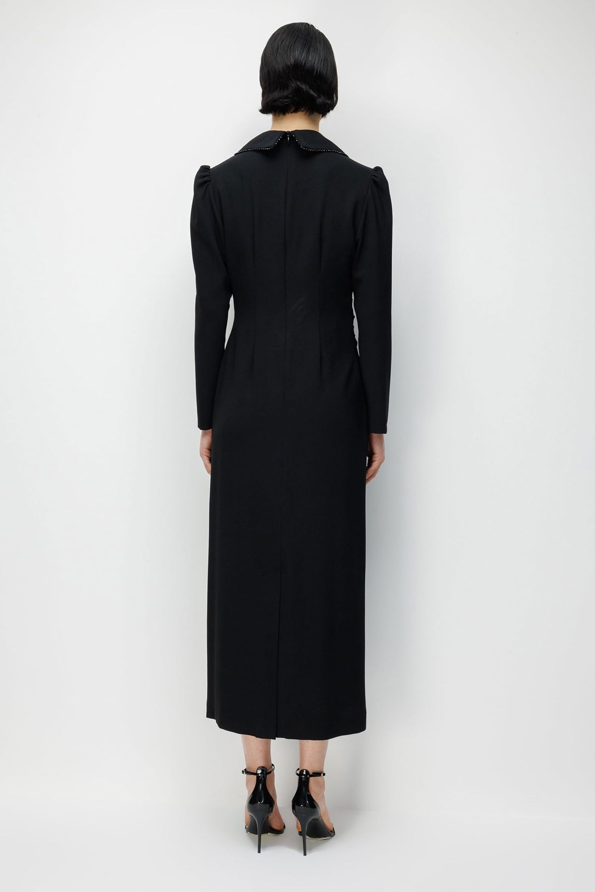 Moda İlgi Kadın Kruvaze Yaka Boncuk Detaylı Uzun Elbise 0098 Siyah - 4