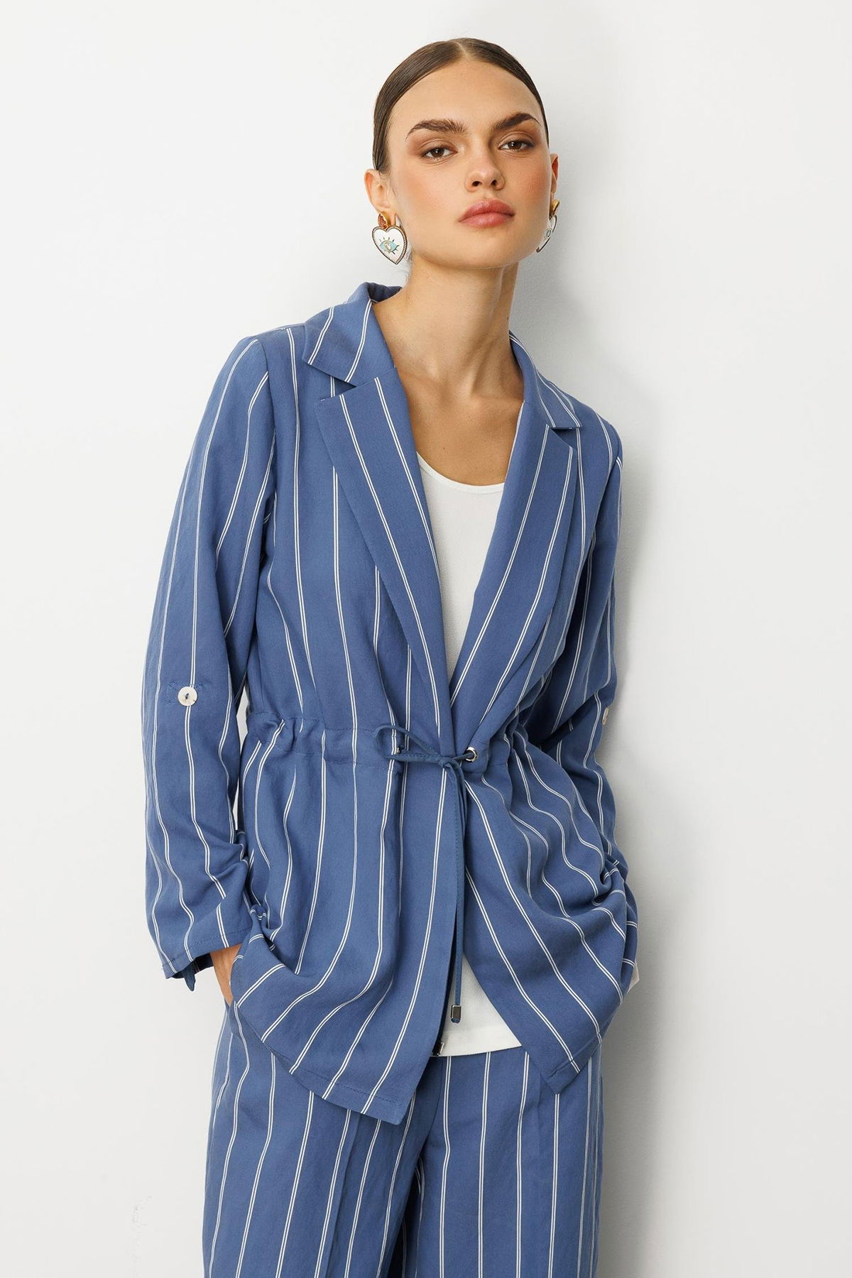 Moda İlgi Kadın Mono Yaka Safari Kol Beli Tünel Bağcıklı İçi Bluzlu İkili Tunik 5020 Indigo - 1