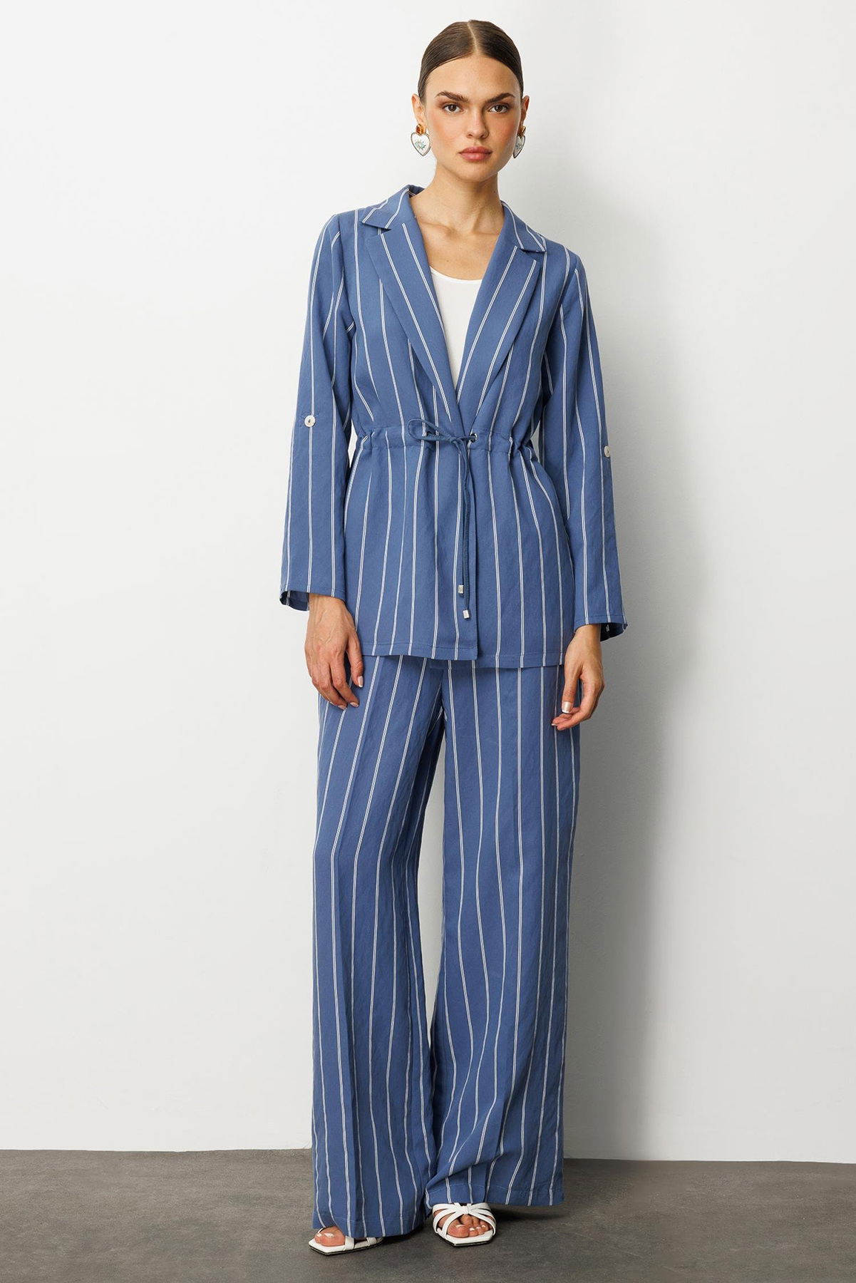 Moda İlgi Kadın Mono Yaka Safari Kol Beli Tünel Bağcıklı İçi Bluzlu İkili Tunik 5020 Indigo - 2