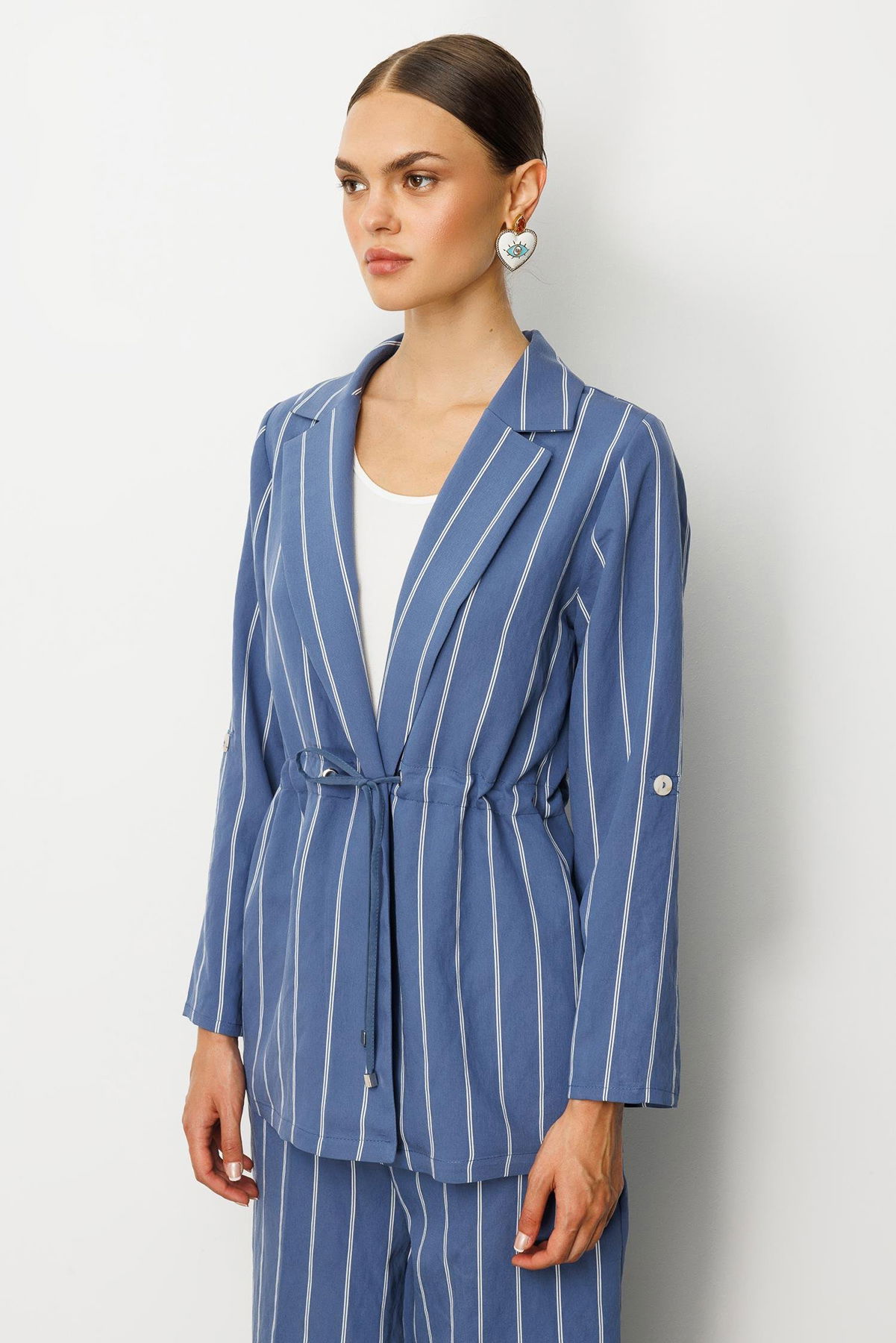 Moda İlgi Kadın Mono Yaka Safari Kol Beli Tünel Bağcıklı İçi Bluzlu İkili Tunik 5020 Indigo - 3