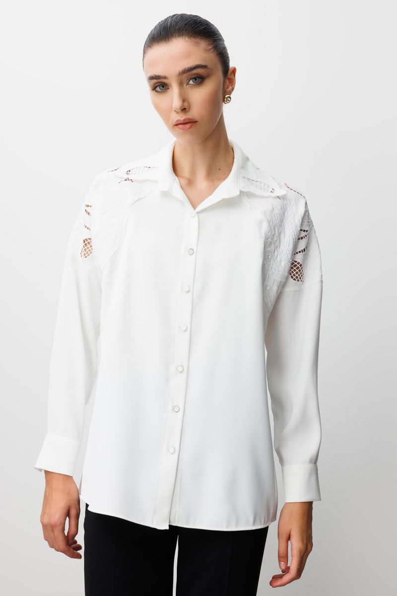 Moda İlgi Kadın Nakış Detaylı Oversize Gömlek 0095 Ekru - Moda İlgi