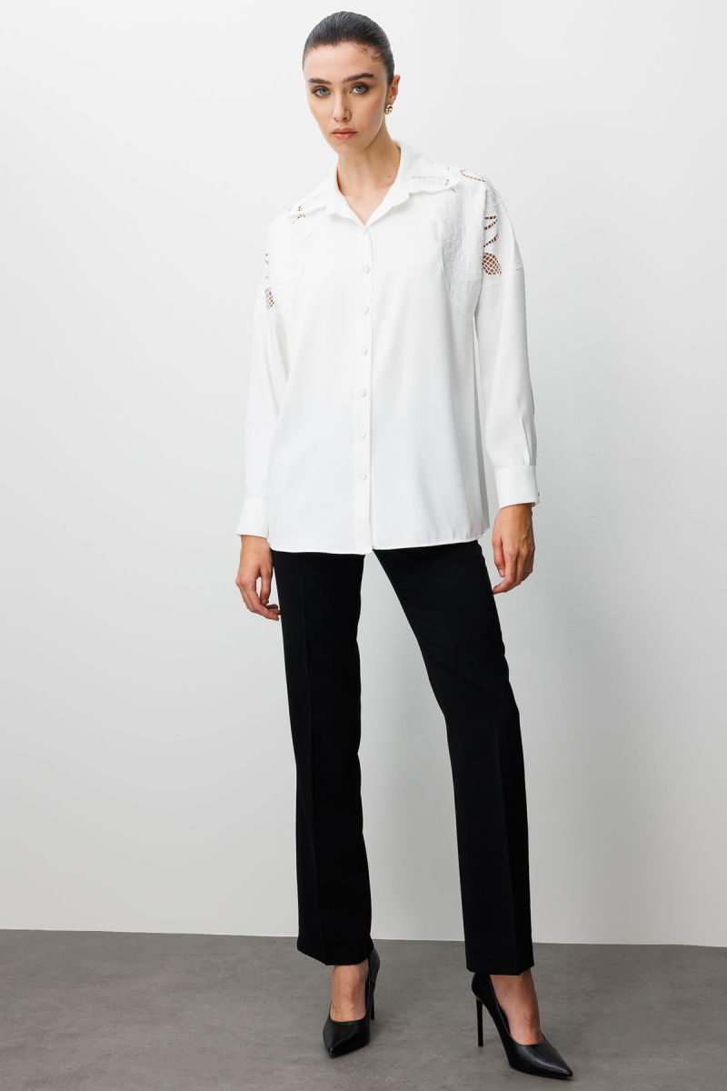 Moda İlgi Kadın Nakış Detaylı Oversize Gömlek 0095 Ekru - 2