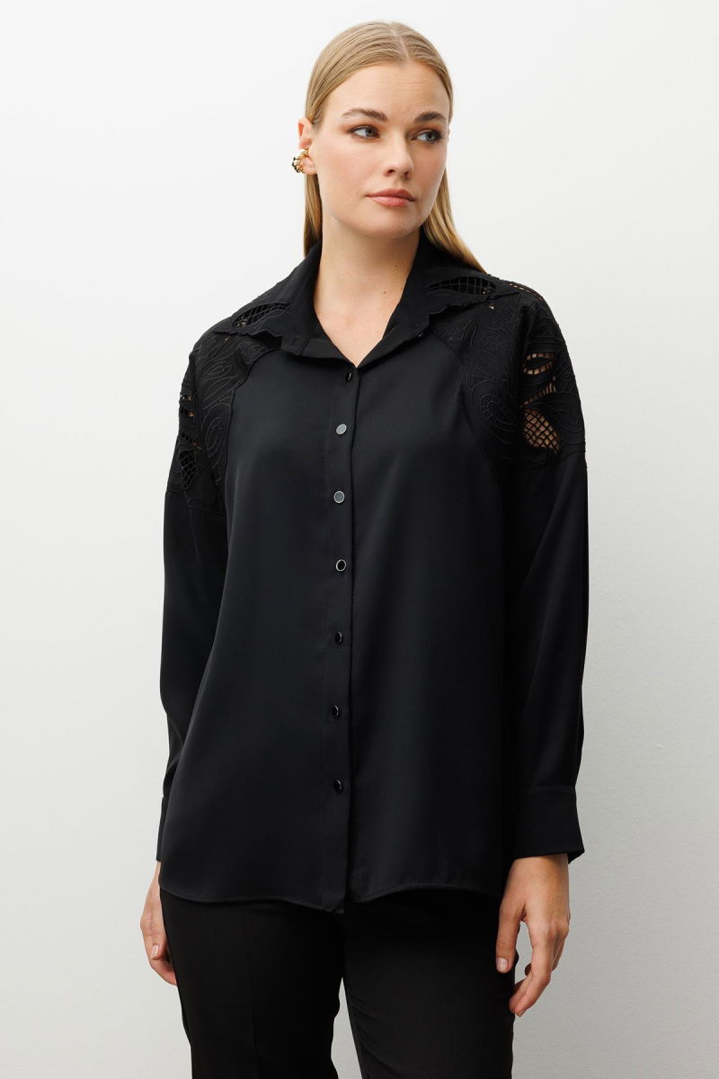 Moda İlgi Kadın Nakış Detaylı Oversize Gömlek 0095 Siyah - Moda İlgi