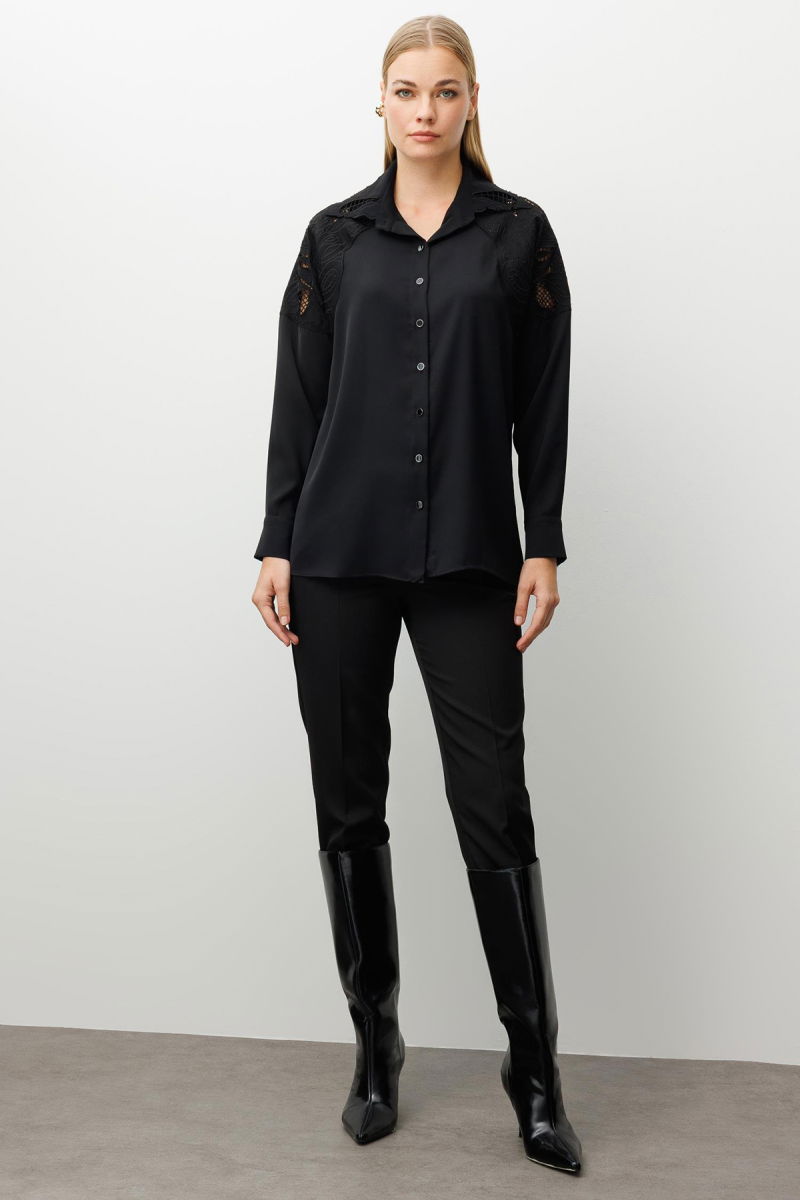 Moda İlgi Kadın Nakış Detaylı Oversize Gömlek 0095 Siyah - 2