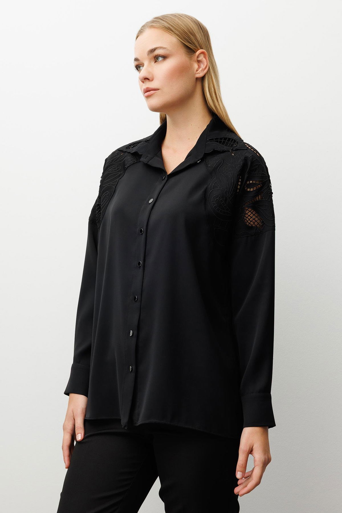 Moda İlgi Kadın Nakış Detaylı Oversize Gömlek 0095 Siyah - 3