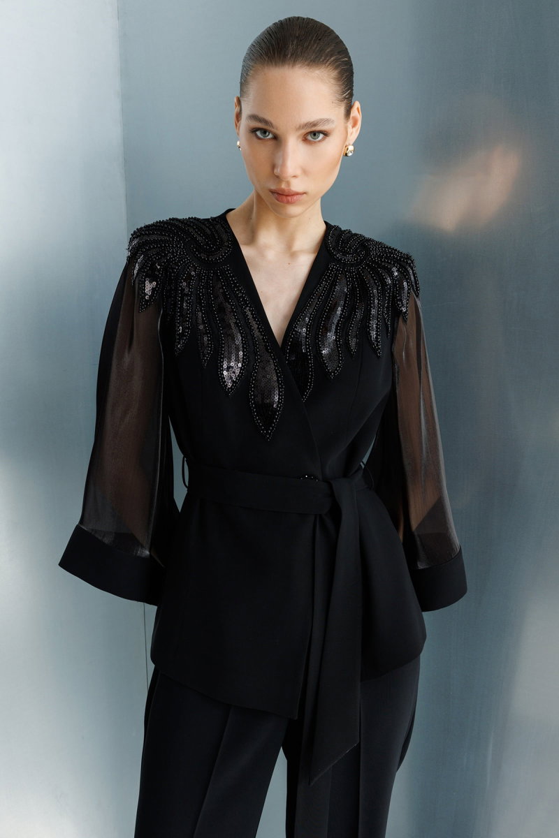 Moda İlgi Kadın Omuzları Boncuk Aksesuar Detaylı Pelerin Kol Ceket 5019 Siyah - Moda İlgi