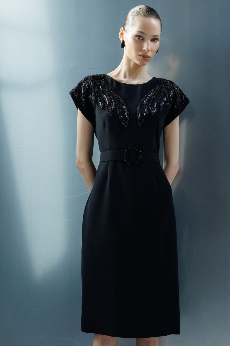 Moda İlgi Kadın Omuzları Boncuk İşleme Aksesuarlı Beli Boncuklu Kemer Elbise 0128 Siyah - 3