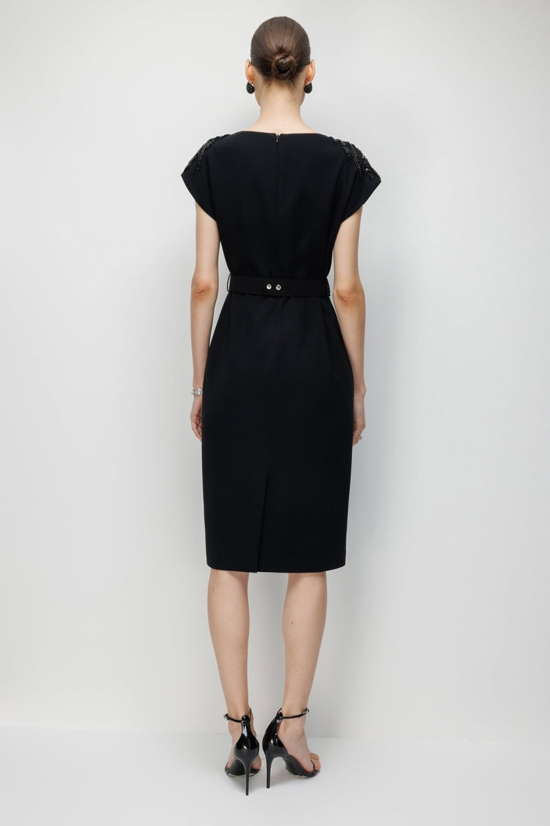 Moda İlgi Kadın Omuzları Boncuk İşleme Aksesuarlı Beli Boncuklu Kemer Elbise 0128 Siyah - 5