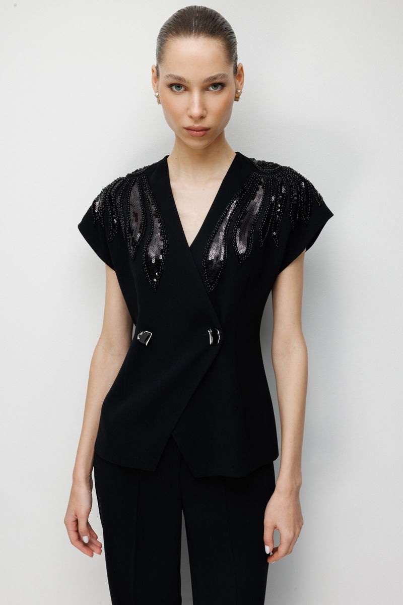 Moda İlgi Kadın Omuzları Boncuk İşlemeli İki Düğmeli Ceket 5020 Siyah - 3