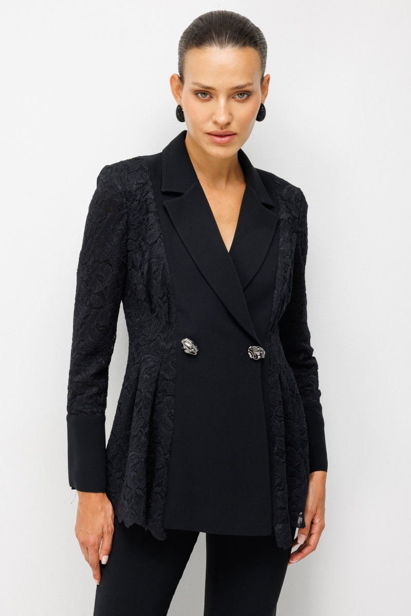 Moda İlgi Kadın Pile Detaylı Dantelli Kruvaze Ceket Siyah - 3