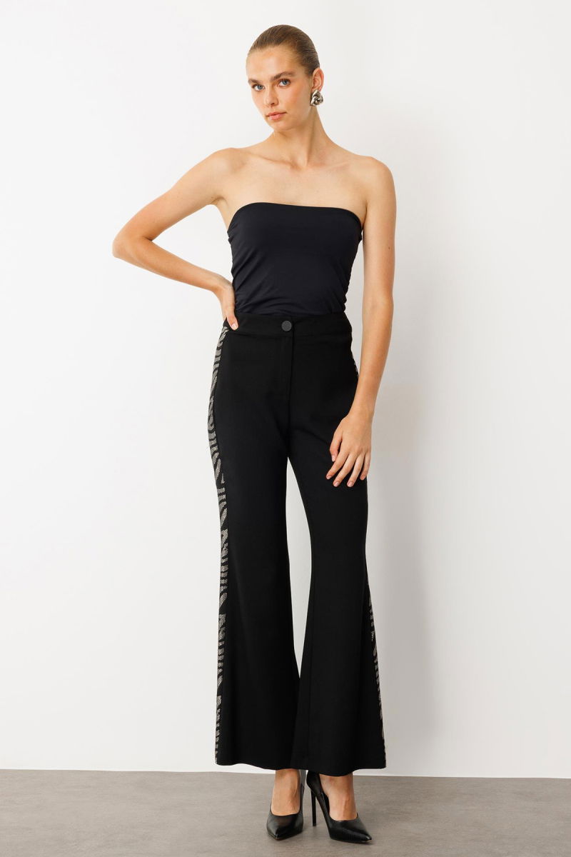 Moda İlgi Kadın Taş Şeritli Bol Paça Pantolon 0065 Siyah - 1