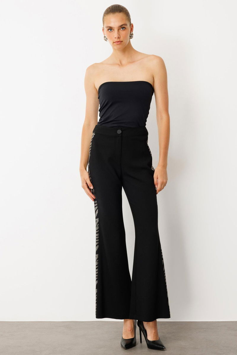 Moda İlgi Kadın Taş Şeritli Bol Paça Pantolon 0065 Siyah - 2