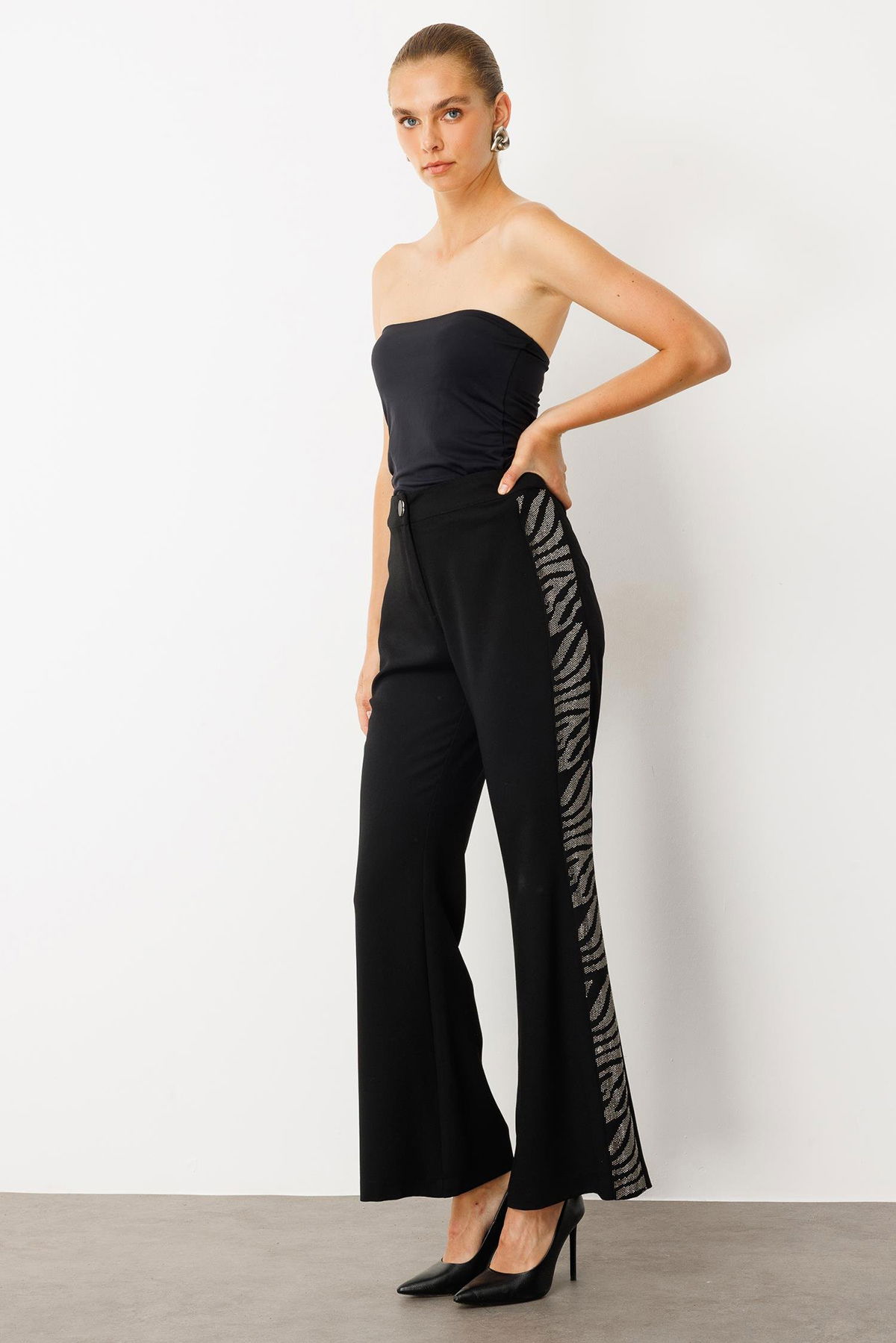 Moda İlgi Kadın Taş Şeritli Bol Paça Pantolon 0065 Siyah - 3