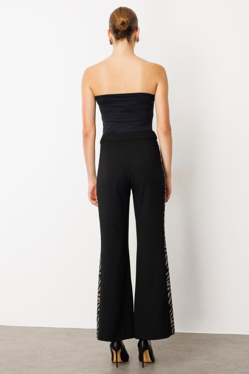 Moda İlgi Kadın Taş Şeritli Bol Paça Pantolon 0065 Siyah - 4