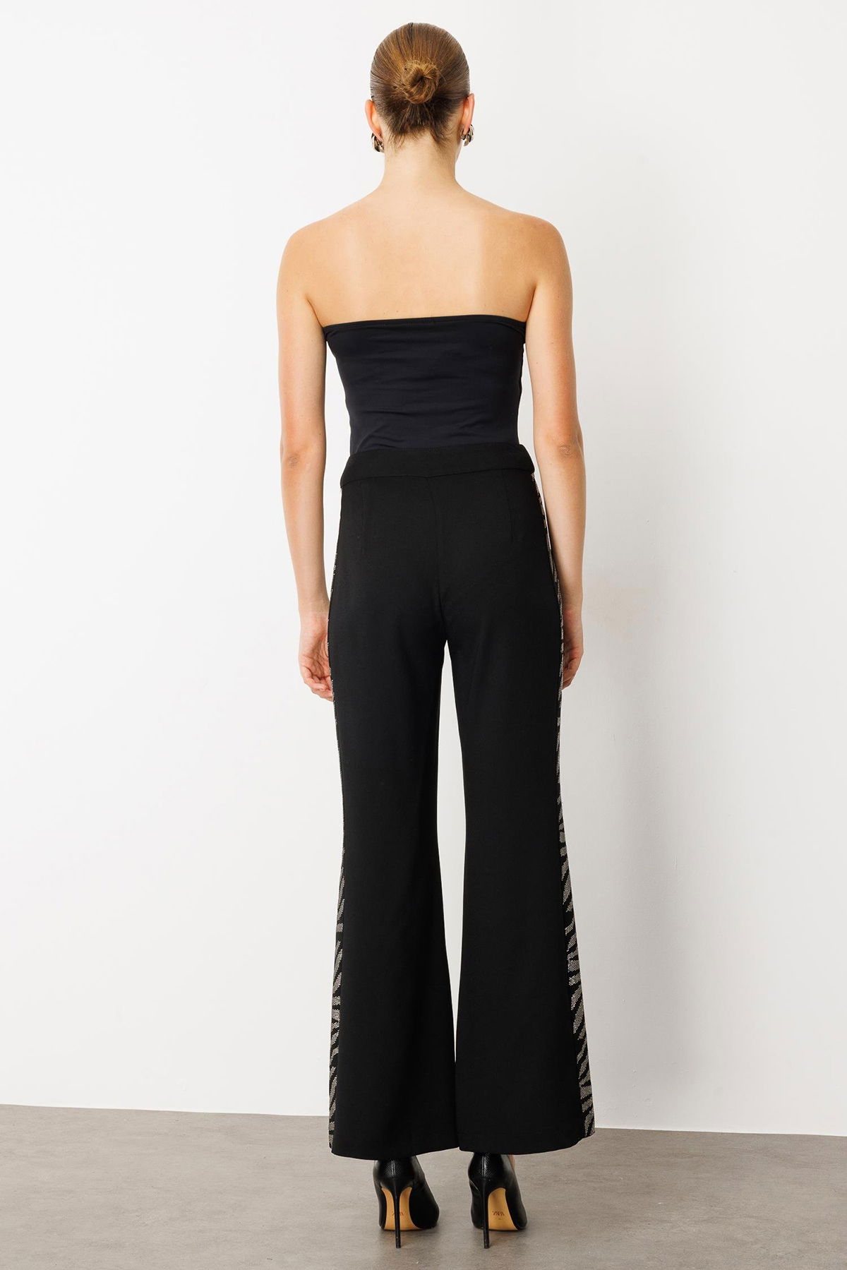 Moda İlgi Kadın Taş Şeritli Bol Paça Pantolon 0065 Siyah - 4