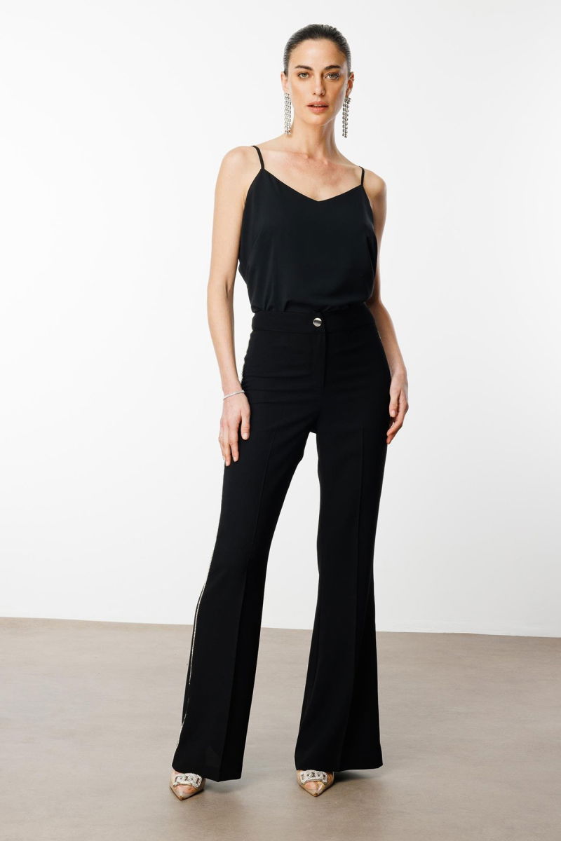 Moda İlgi Kadın Yanı Şerit Taş Aksesuarlı Pantolon 0077 Siyah - 1