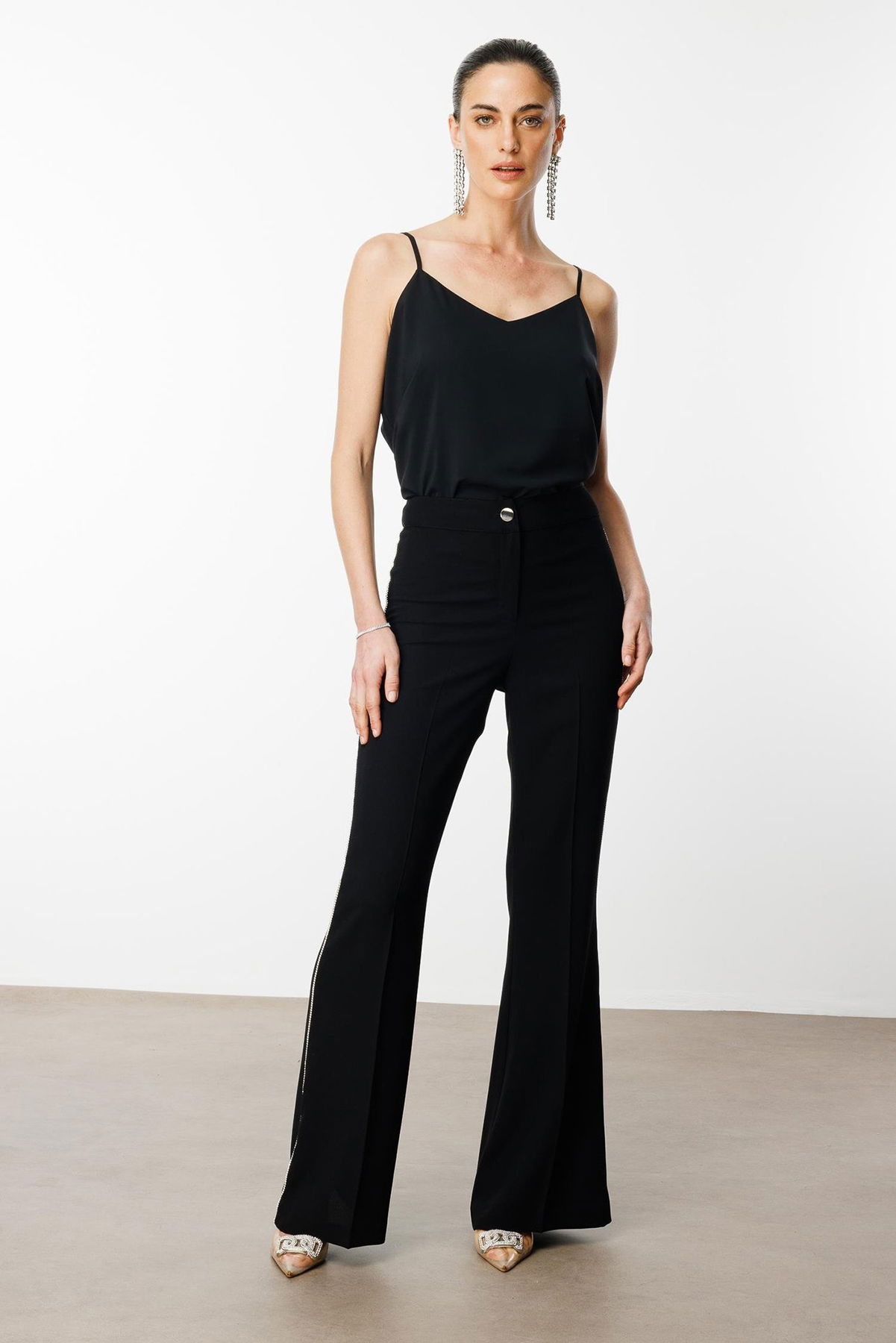Moda İlgi Kadın Yanı Şerit Taş Aksesuarlı Pantolon 0077 Siyah - 1