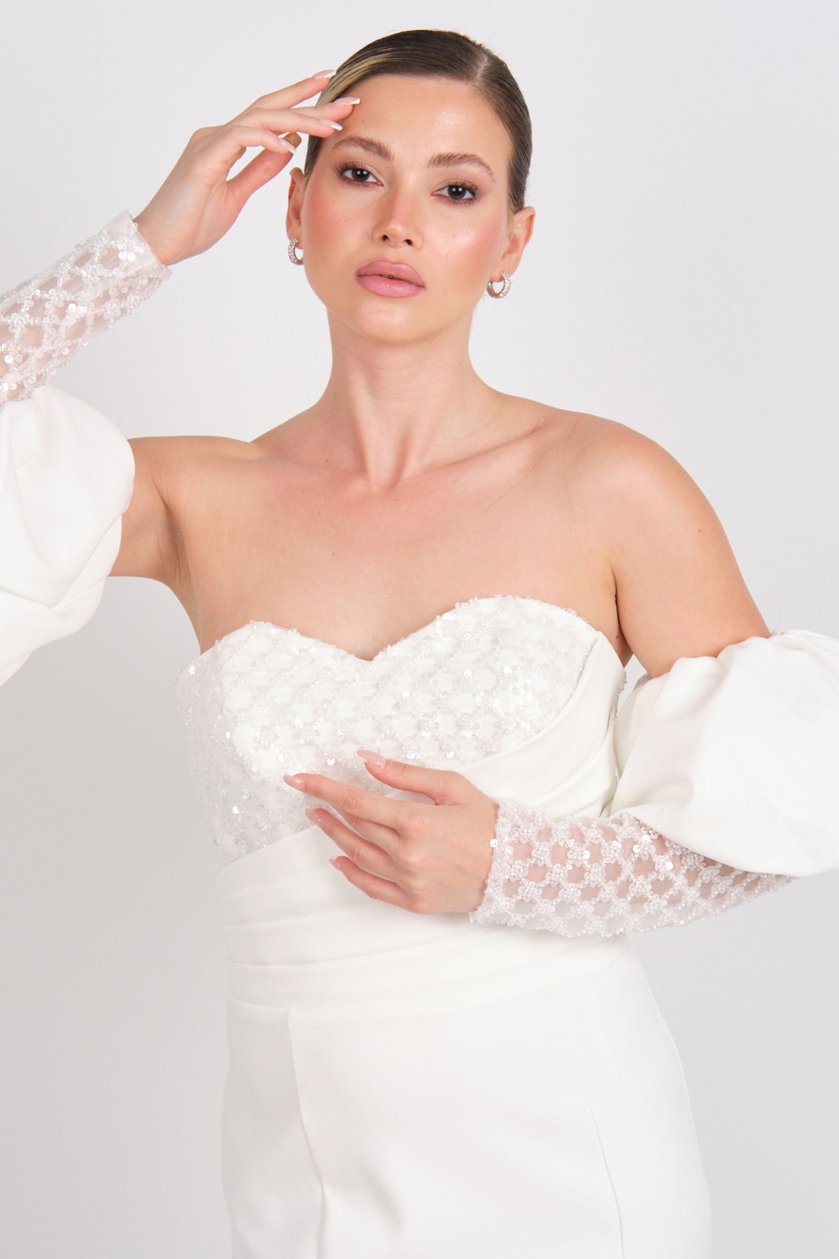 Mor Sposa Kadın Seyyar Kollu Straplez Balık Form Abiye Elbise A777 Beyaz - 2
