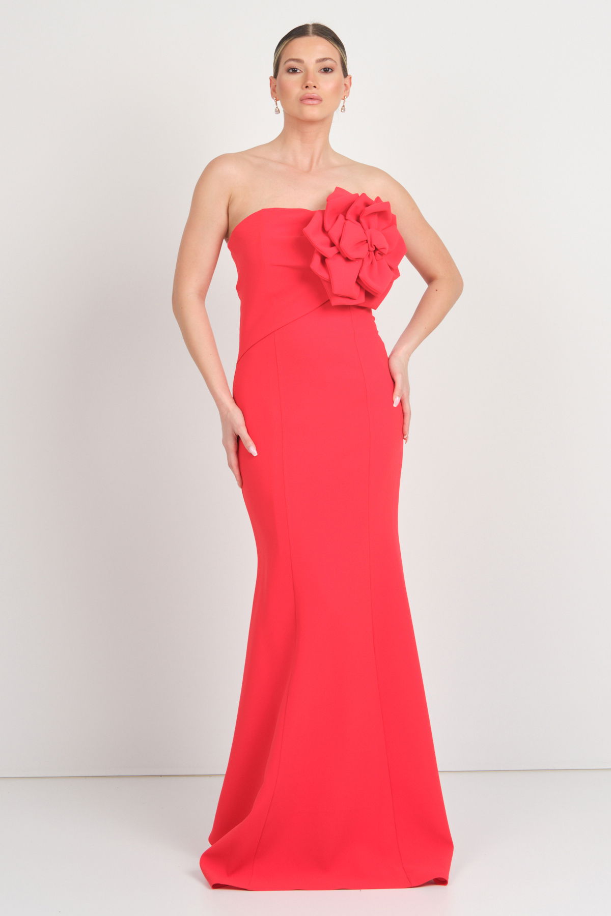 Mor Sposa Kadın Straplez Krep Kumaş Balık Form Abiye Elbise 0013 Kırmızı - 1