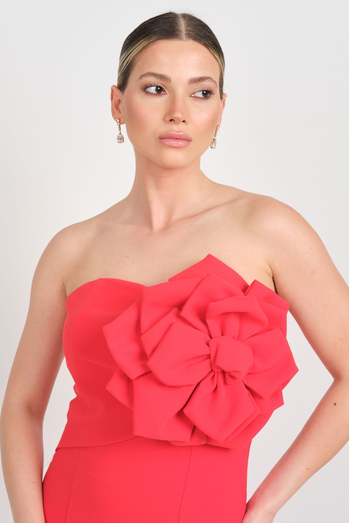 Mor Sposa Kadın Straplez Krep Kumaş Balık Form Abiye Elbise 0013 Kırmızı - 3