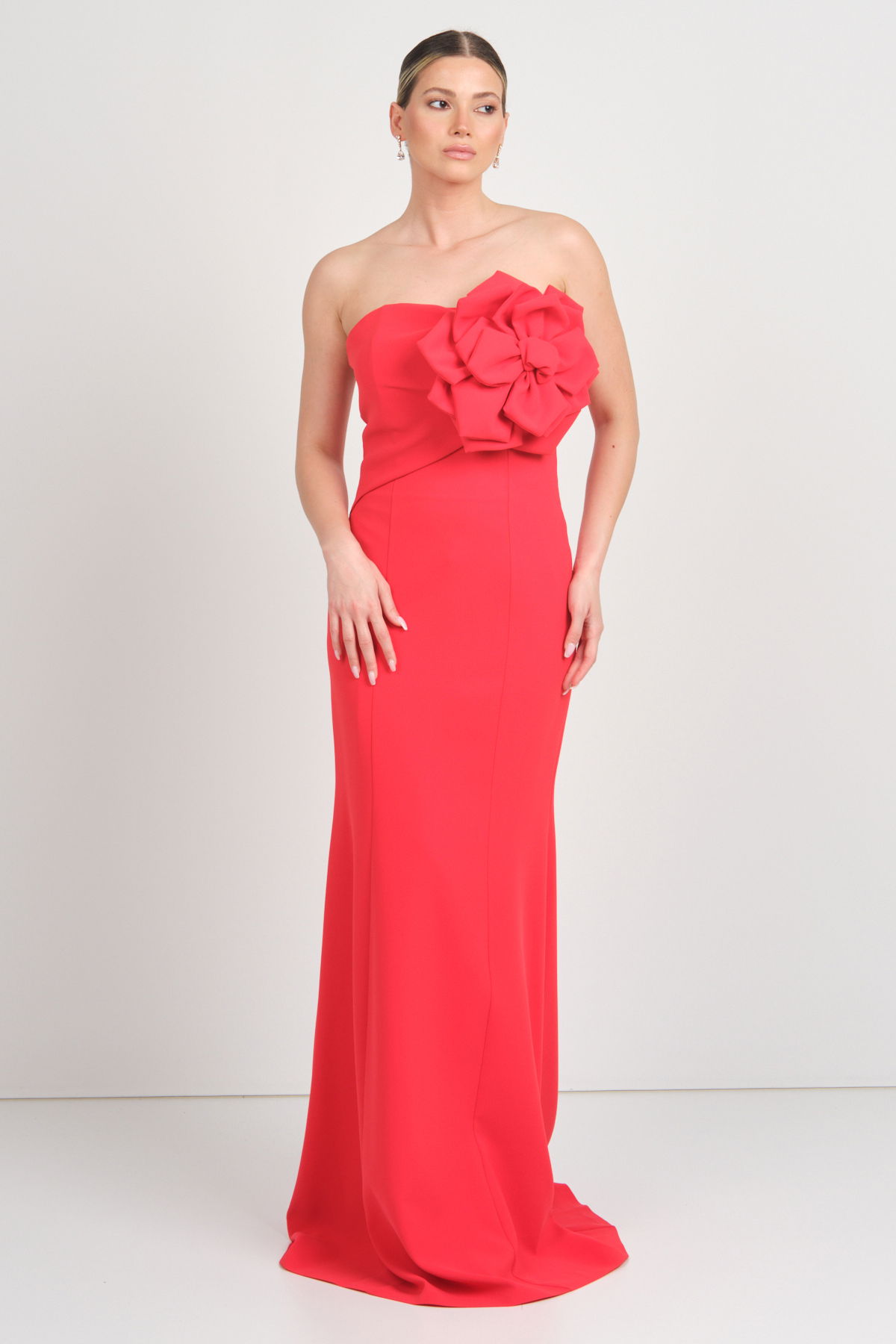 Mor Sposa Kadın Straplez Krep Kumaş Balık Form Abiye Elbise 0013 Kırmızı - 4