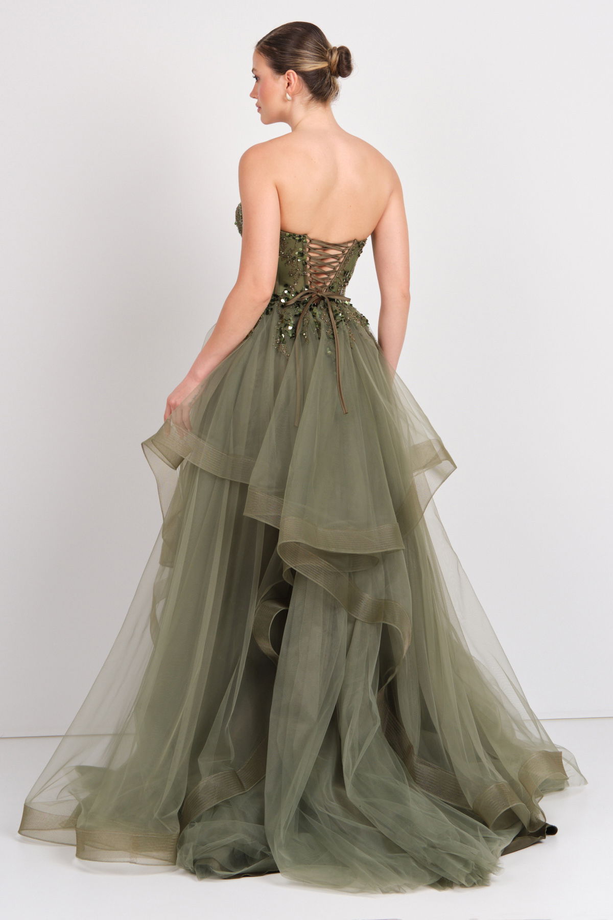 Mor Sposa Kadın Straplez Pul Payet Detaylı Maxi Boy Tül Abiye Elbise M104 Oliv - 4