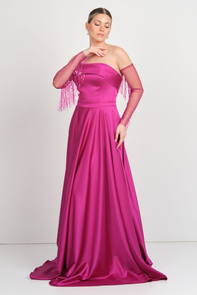 Mor Sposa Kadın Straplez Saten Kumaş Kloş Uzun Abiye Elbise S107 Mor - 1