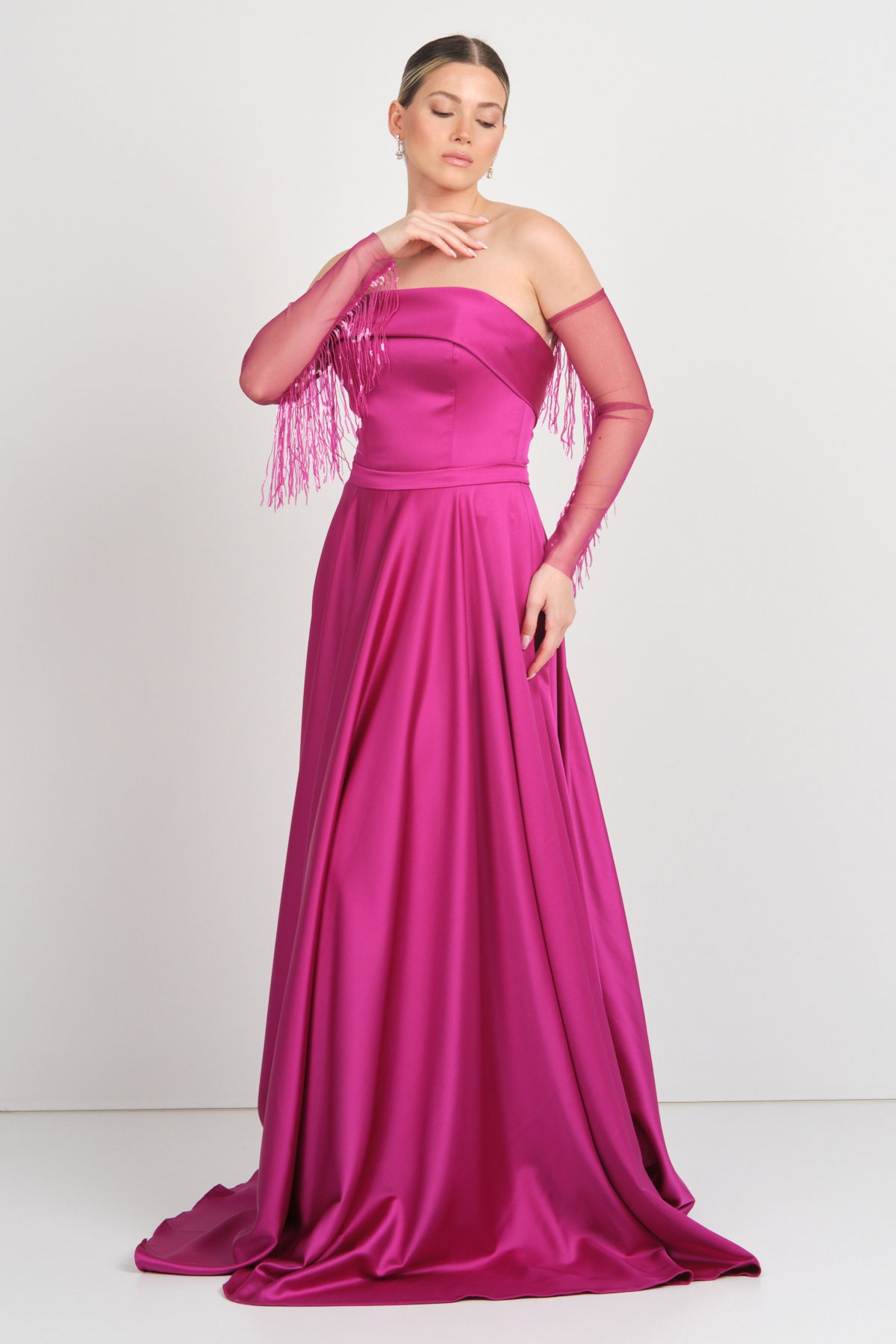 Mor Sposa Kadın Straplez Saten Kumaş Kloş Uzun Abiye Elbise S107 Mor - 1