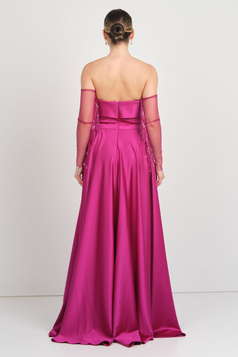 Mor Sposa Kadın Straplez Saten Kumaş Kloş Uzun Abiye Elbise S107 Mor - 4