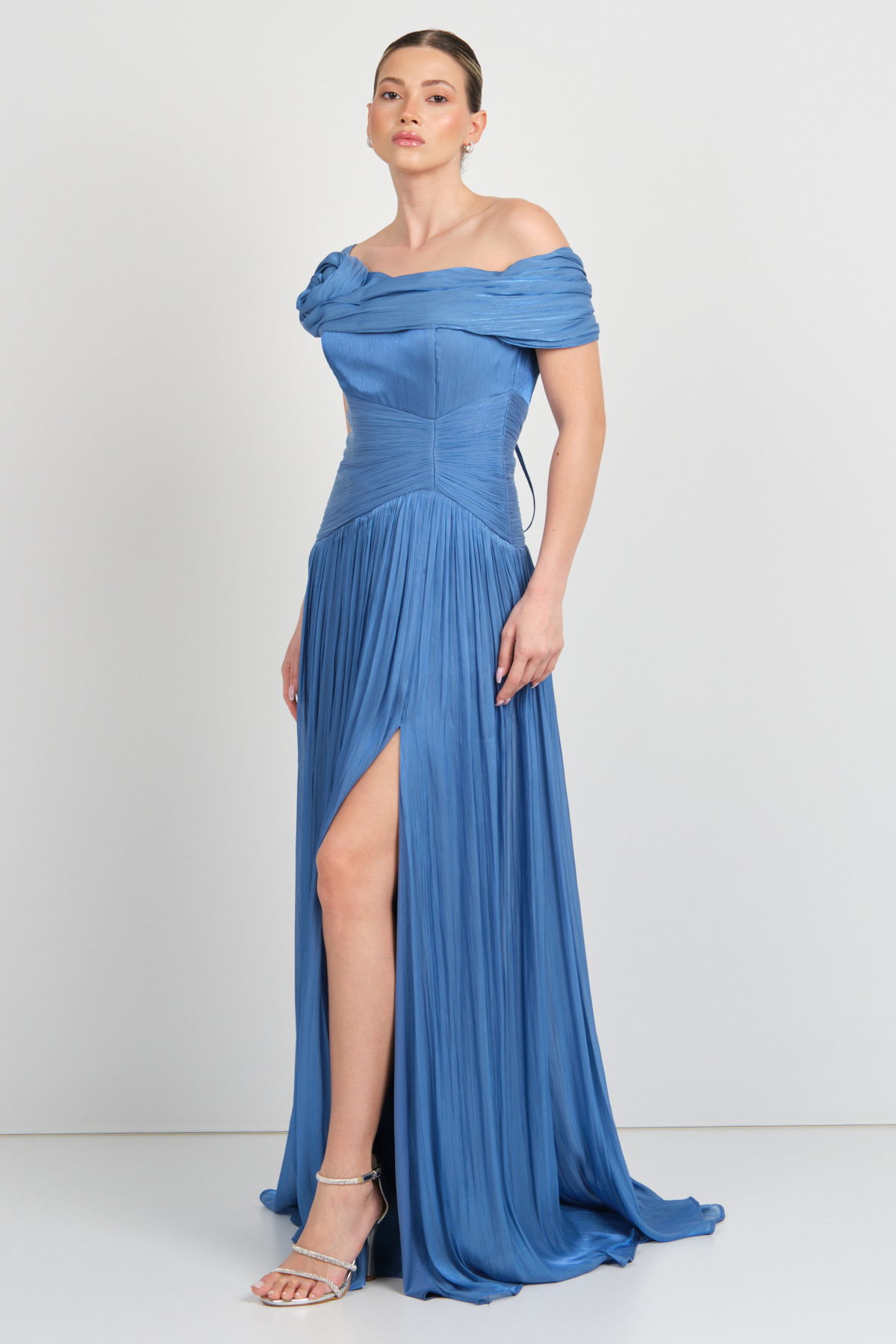Mor Sposa Kadın Tek Kol Detaylı Derin Yırtmaçlı Şifon Abiye Elbise W0182 Indigo - 1
