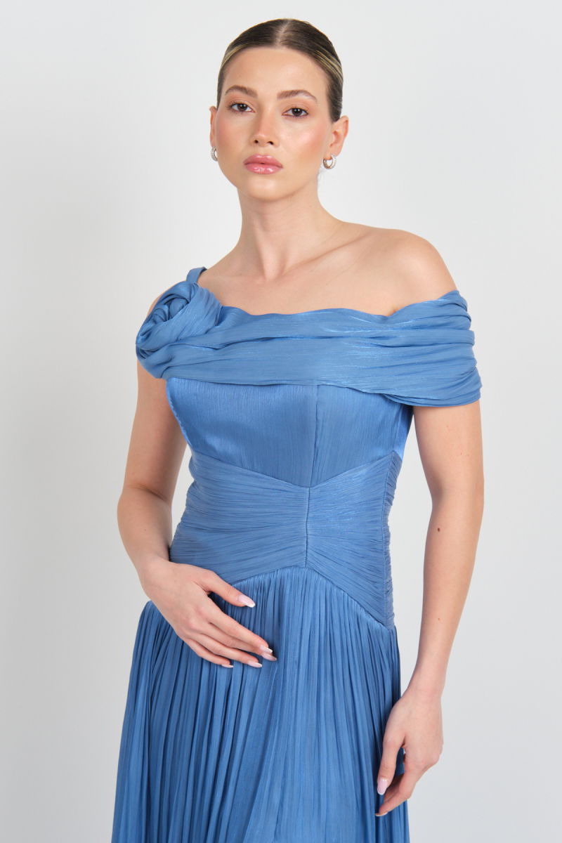 Mor Sposa Kadın Tek Kol Detaylı Derin Yırtmaçlı Şifon Abiye Elbise W0182 Indigo - 2