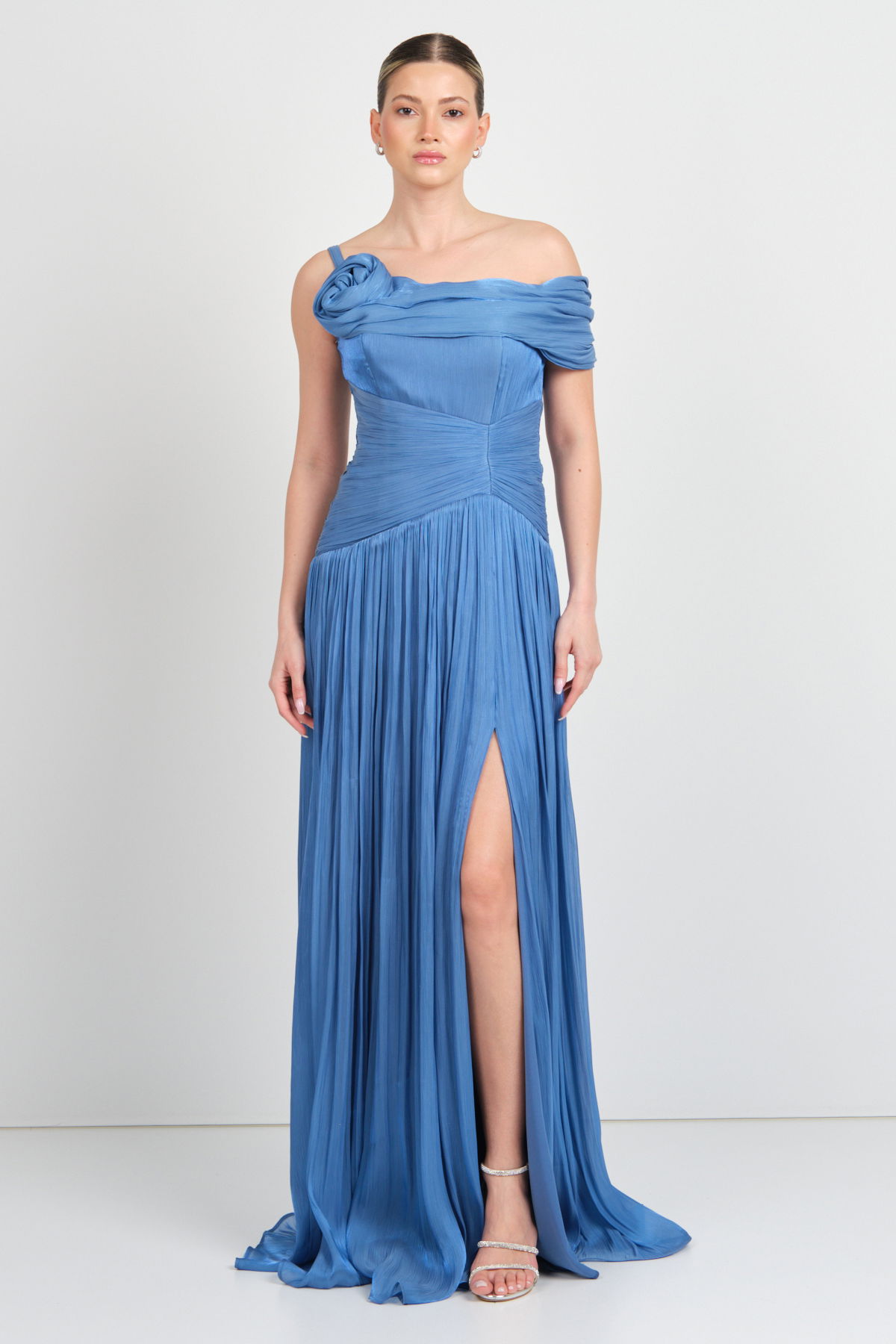 Mor Sposa Kadın Tek Kol Detaylı Derin Yırtmaçlı Şifon Abiye Elbise W0182 Indigo - 3